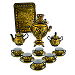 300774-Хохлома.Самовар с Сервизом "ЗОЛОТАЯ КУДРИНА"на 6 персон