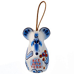 0054668  Сувенир КОЛОКОЛЬЧИК "КРЫСА С ЦВЕТКОМ" синяя, керамика 