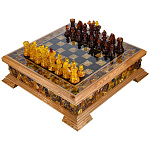 Шахматный ларец с инкрустацией и фигурами из янтаря 50х50 см