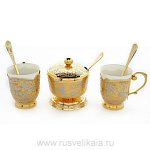26282 Златоуст НАБОР: Сахарница +3 чашки и ложки, позолота, в П/У (37) 