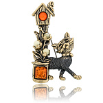 0045166/1911.4 Брошь Кот со Скворцом (белый)