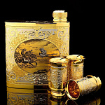 26347/3 стопки Златоуст НАБОР "Охотничий":Фляга+3 стопки, позолота,  в П/У 