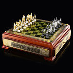 0060589 Шахматный ларец"Древняя Русь" доска-змеевик, фигуры-олово, мрамор, змеевик