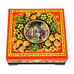 100451  /17*17 см  Хохлома Шкатулка "СКАЗКА О ЦАРЕ САЛТАНЕ.. МОРОШКА" красный фон Р9