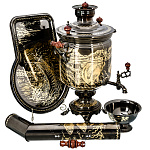 0074289/5л/ КОМПЛЕКТ САМОВАР+труба+поднос+капельник латунный,с худ роспис РЫБАЛКА черн никель 5л бан