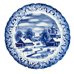 0020901 Гжель ТАРЕЛКА с ажурным краем "Зима в деревне" d-17,5 см