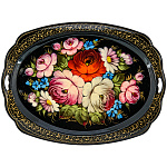200580 Поднос с росписью "ЦВЕТЫ" прямоуг с фигурн боком (фон черный)