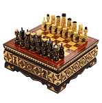 0065220 Нат.дерево ШАХМАТНЫЙ ЛАРЕЦ средний "ГЕРБ РФ. РЕЗНОЙ" светлый 25*25*10см 