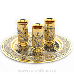 26268/МЗ Златоуст НАБОР "Соколиная охота":3 стопки + блюдо, позолота, в ПУ (934)