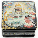 0021185 Лаковая миниатюра Шкатулка "Санкт-Петербург (снегирь)" (АР Смирнов) 8*8см (1245)