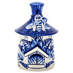 0063604 Гжель МЕДОВНИЦА "ДОМИК С ПЧЕЛКОЙ" кобальт 9*15см