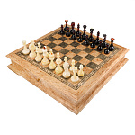 Шахматы из карельской березы с янтарными фигурами 47х47 см