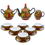 0076054 Хохлома Фарфор Сервиз Чайный"РЯБИНКА" на 6 персон с белым  (15 предметов) 