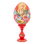 0059752/17,5см-НИКОЛАЙ ЧУДОТВОРЕЦ  ЯЙЦО Пасхальное на подставке Красное Цветы  дерево/лак