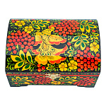 202200/14*9 Хохлома Шкатулка-сундучок "РЯБИНА/ПТИЦА" черный фон  Р3