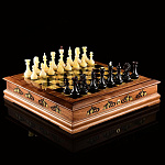 0060249 Шахматный ЛАРЕЦ с фигурами 45*45*10,5см Корень ореха, Янтарь