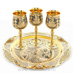 0016150 Златоуст НАБОР "Соколиная охота" Блюдо+3 фужера, позолота, в ПУ (244) 
