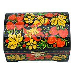 0073649-120*80мм Хохлома Шкатулка-Сундучок"ПТИЦА.КЛУБНИКА" черный фон Р2